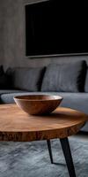 Modern living room interior with wooden bowl on stylish table photo
