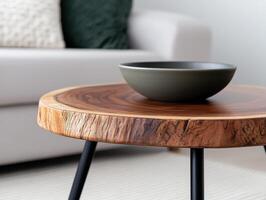 Elegant wooden table with a minimalist bowl in a modern living space photo