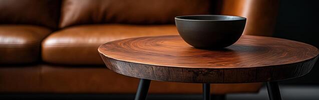 Elegant wooden table with black bowl in a cozy living room setting photo