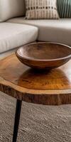 Wooden bowl on rustic table in cozy living room setting with soft lighting photo