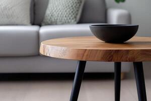 Stylish wooden coffee table with black bowl in modern living room setting photo