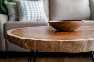Unique wood coffee table with minimalist design and decorative bowl photo