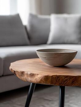 Stylish wooden table with a simple bowl in a modern living room setting photo