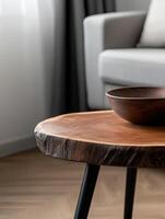 Elegant wooden table with bowl in modern living room setting photo