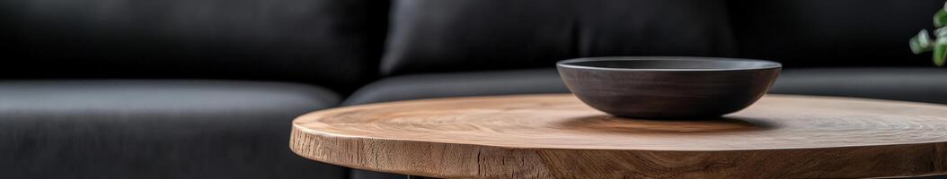 Modern wooden coffee table with decorative bowl and black sofa backdrop photo