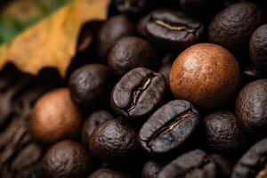 Coffee beans and nuts in a natural arrangement on a wooden surface photo