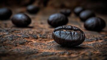 Coffee beans scattered on rustic surface in natural light photo
