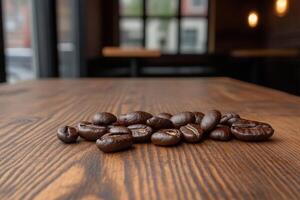 Freshly roasted coffee beans on a wooden table in a cozy cafe corner photo