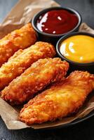 Crispy golden chicken tenders served with dipping sauces in a basket photo
