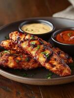 Grilled chicken tenders served with dipping sauces on a wooden table photo