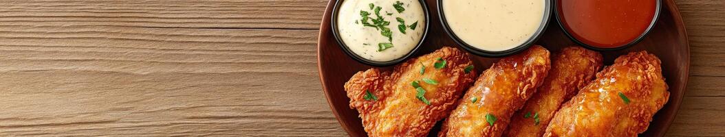 Crispy fried chicken wings served with dips on a wooden table photo