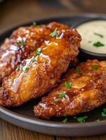 Crispy fried chicken wings with golden glaze served with dipping sauce photo
