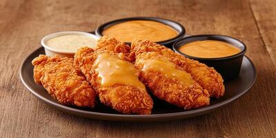 Crispy chicken tenders served with flavorful dipping sauces on a wooden table photo