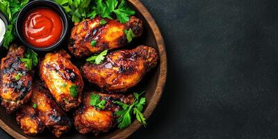 Delicious grilled chicken wings served with dipping sauces and herbs photo