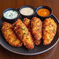 Crispy chicken tenders with assorted dipping sauces on a plate photo