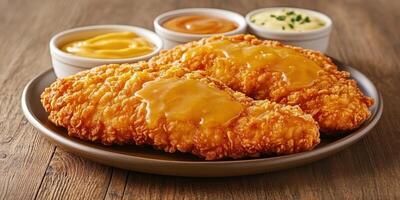 Crispy fried chicken tenders with dipping sauces served on a wooden table photo