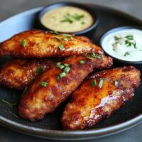 Succulent fried chicken wings served with flavorful dipping sauces photo