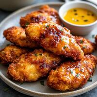 Crispy fried chicken wings served with tangy dipping sauce on a plate photo