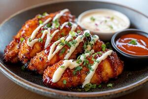 Tasty chicken wings with dipping sauces in a lively setting photo