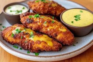 Deliciously crispy fried chicken tenders with dipping sauces served on a plate photo
