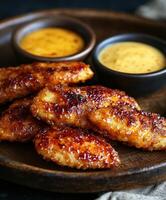 Crispy fried chicken with two flavorful dipping sauces on a wooden plate photo