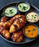 Crispy fried chicken served with colorful dipping sauces on a dark plate photo