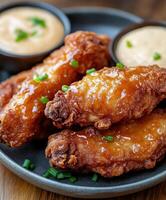 Crispy golden chicken wings served with creamy dipping sauces photo