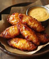 Fried chicken wings with savory dip in a casual dining spot photo
