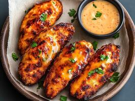 Savory grilled chicken fillets served with dipping sauce and garnish photo