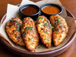 Crispy chicken tenders served with dipping sauces in a rustic setting photo