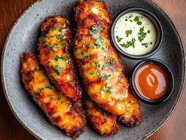 Crispy chicken tenders served with dipping sauces on a plate photo