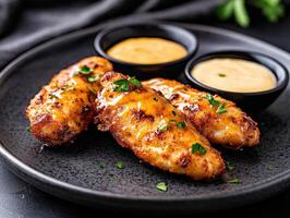 Delicious chicken tenders served with dipping sauces on a black plate photo
