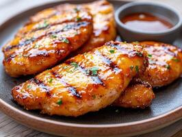 Grilled chicken fillets with glaze served on a rustic plate photo