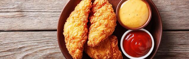 Crispy fried chicken tenders served with dipping sauces on a rustic table photo
