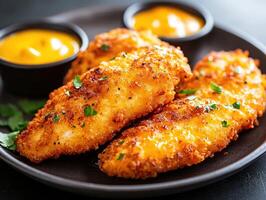 Crispy fried chicken tenders served with flavorful dipping sauces photo