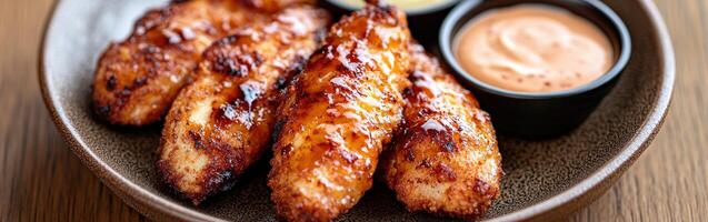 Delicious golden-brown chicken tenders with dipping sauces on a plate photo