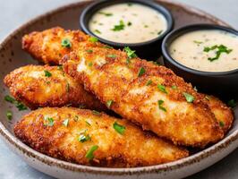 Crispy golden fried fish fillets served with creamy dipping sauces photo