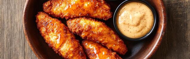 Crispy fried chicken tenders served with dipping sauce in a bowl photo
