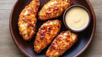 Crispy fried chicken tenders served with creamy dipping sauce photo