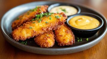 Delicious fried chicken tenders served with dipping sauces on a plate photo