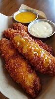 Crispy fried chicken tenders served with dipping sauces and sides photo