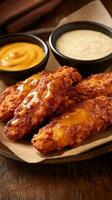 Crispy fried chicken tenders served with dipping sauces on a wooden table photo