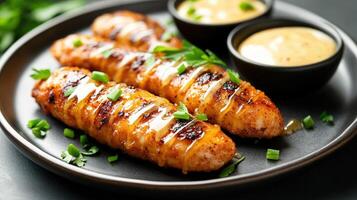 Delicious grilled chicken strips served with dipping sauces on a plate photo