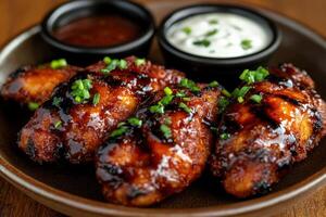 Savory grilled chicken wings served with dipping sauces at meal time photo
