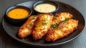 Crispy fried fish fillets served with tangy sauces on a wooden table photo