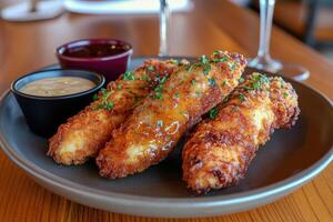 Crispy fried chicken tenders served with dipping sauces at a restaurant photo