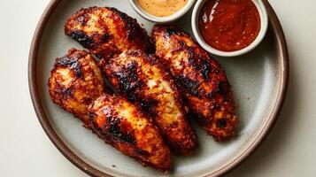 Grilled chicken wings with tasty dipping sauces at a casual eatery photo