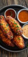 Crispy fried chicken wings with dipping sauces served on a black plate photo