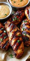 Grilled chicken tenders served with dipping sauces on a wooden platter photo