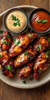 Delicious grilled chicken wings served with dipping sauces on a wooden table photo